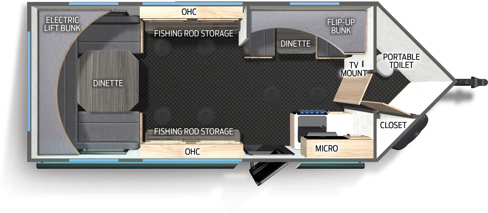 The Campsite Ice 16RM floorplan has one entry and zero slide outs. Exterior features include: metal exterior. Interiors features include: bunk beds and u-dinette.